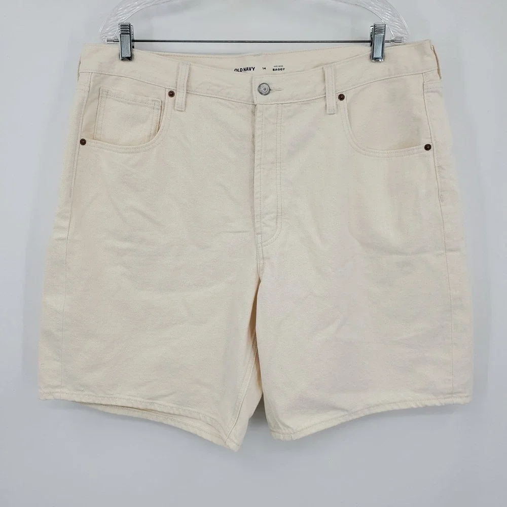 Old Navy Womens 14 Mid-Rise Baggy Denim Shorts Cream Off-White Cotton Button Fly